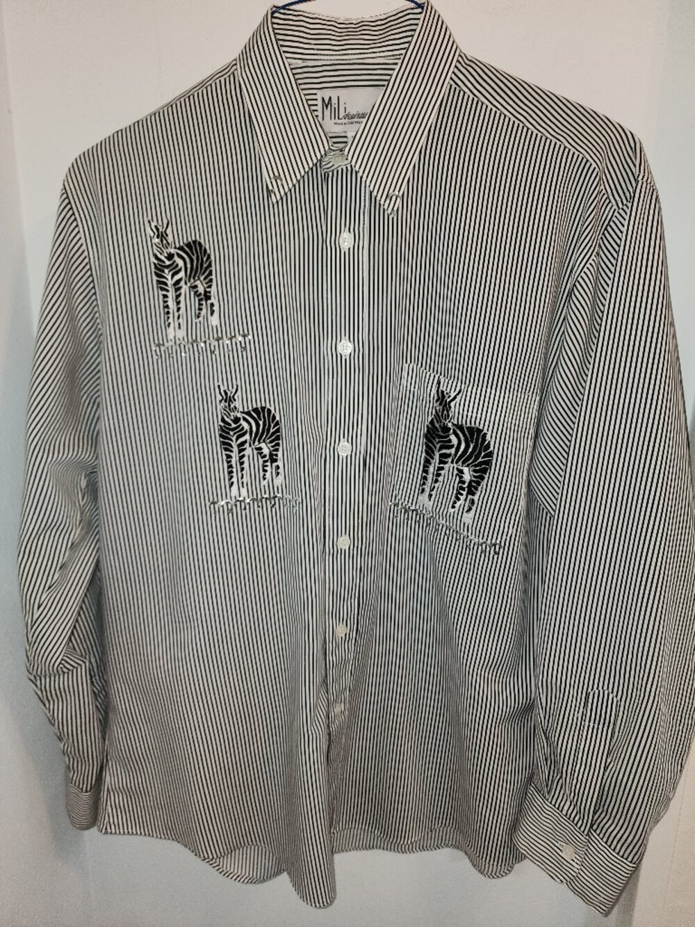 Mili Design Women’s M Long Sleeve Shirt – Black/White Stripes, Zebra Embroidery,